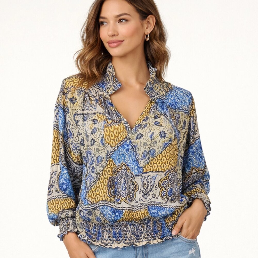 LASCANA Peasant Blouse Top Boho Patchwork Blue Yellow Viscose NWT Smocked Hem 12